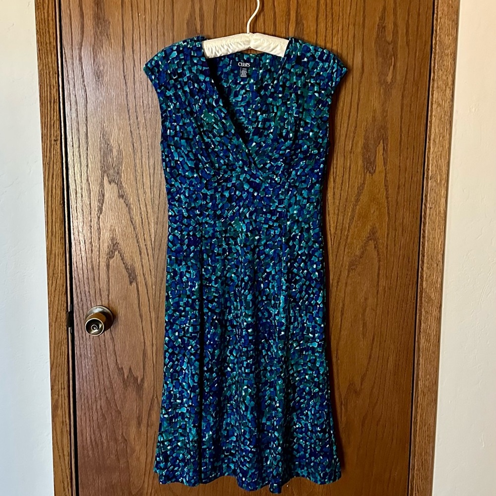 CHAPS Dress, M, Blue, Green,White. Stretchy, Empire Waist